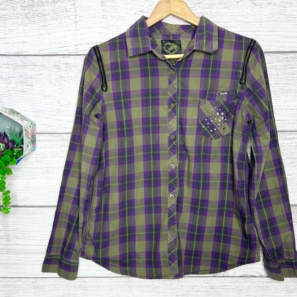 Ecko Red Purple & Green Plaid Studded Zipper Detail Button Up Shirt Size Large